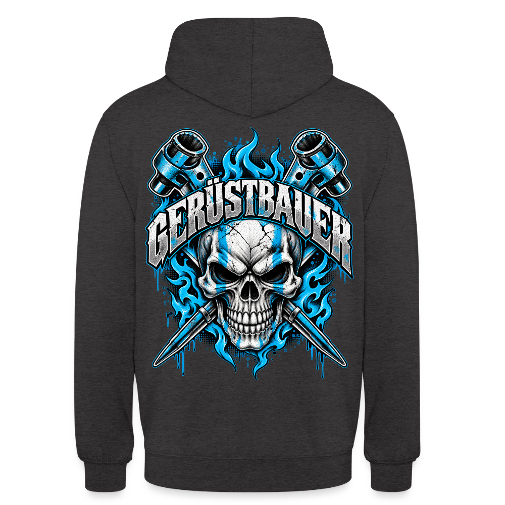 Gerüstbauer Ratsche Flamme – Gerüstbauer Hoodie in Anthrazit, Rückendruck: Totenkopf mit gekreuzten Ratschen in blauen Flammen, Schriftzug „Gerüstbauer“