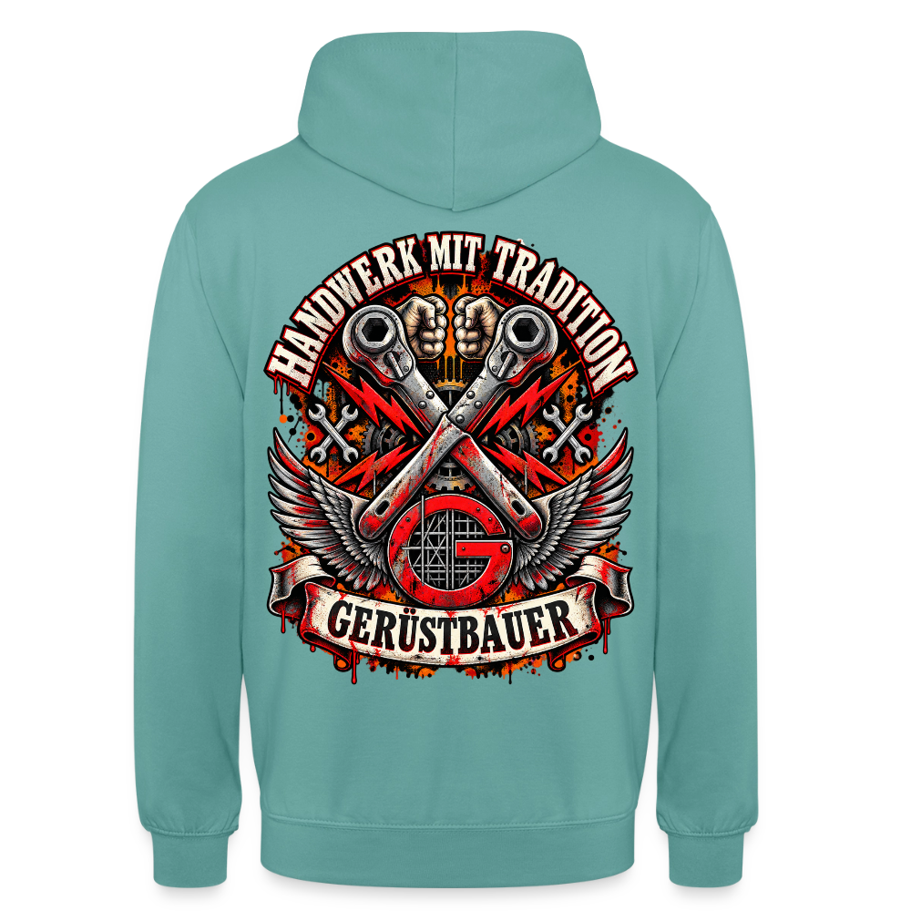 Gerüstbauer Handwerk mit Tradition – Gerüstbauer Hoodie in Pastelltürkis, Rückendruck: gekreuzte Ratschen mit Flügeln über rotem G-Zunftzeichen, Schriftzug „Handwerk mit Tradition“ und Banner „Gerüstbauer“