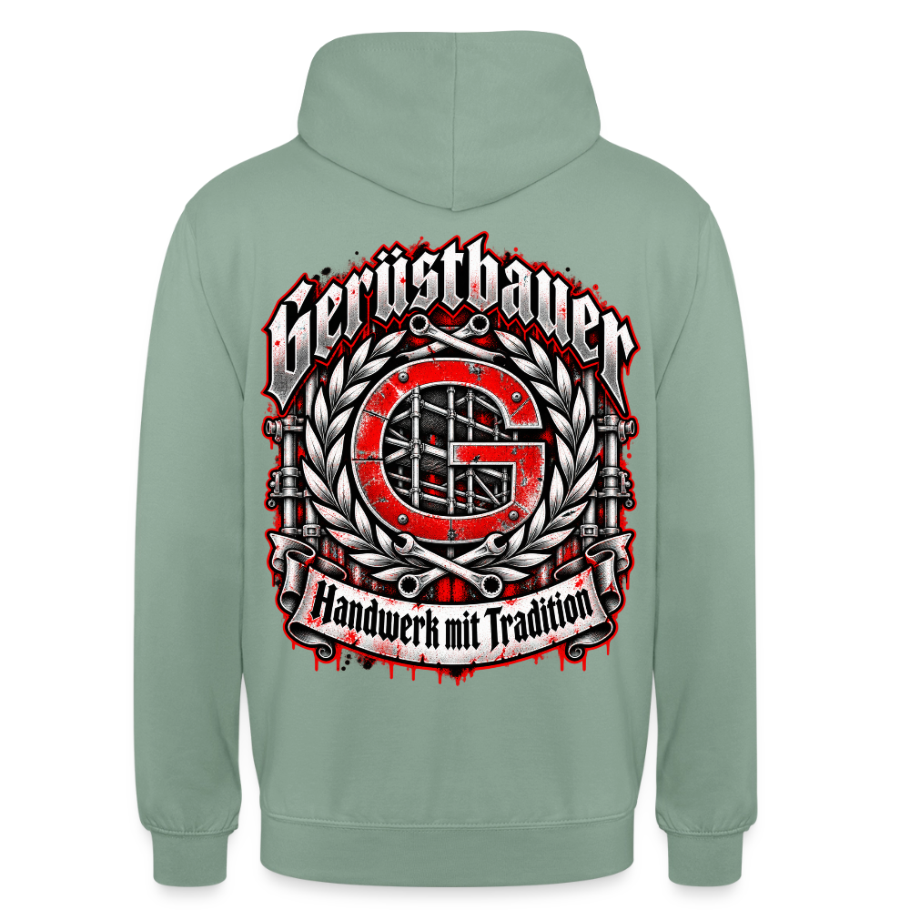 Gerüstbauer Zunft Wappen – Gerüstbauer Hoodie in Graugrün, Rückendruck: rotes G-Zunftwappen mit Gerüst im Lorbeerkranz, Frakturschrift „Gerüstbauer“, Banner „Handwerk mit Tradition“