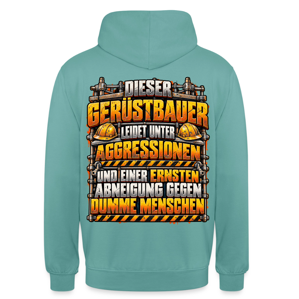 Dieser Gerüstbauer – Gerüstbauer Hoodie in Pastelltürkis, Rückendruck: Spruch „Dieser Gerüstbauer leidet unter Aggressionen und einer ernsten Abneigung gegen dumme Menschen“ mit Helmen und Warnstreifen