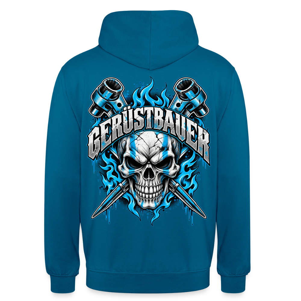 Gerüstbauer Ratsche Flamme – Gerüstbauer Hoodie in Tiefseeblau, Rückendruck: Totenkopf mit gekreuzten Ratschen in blauen Flammen, Schriftzug „Gerüstbauer“