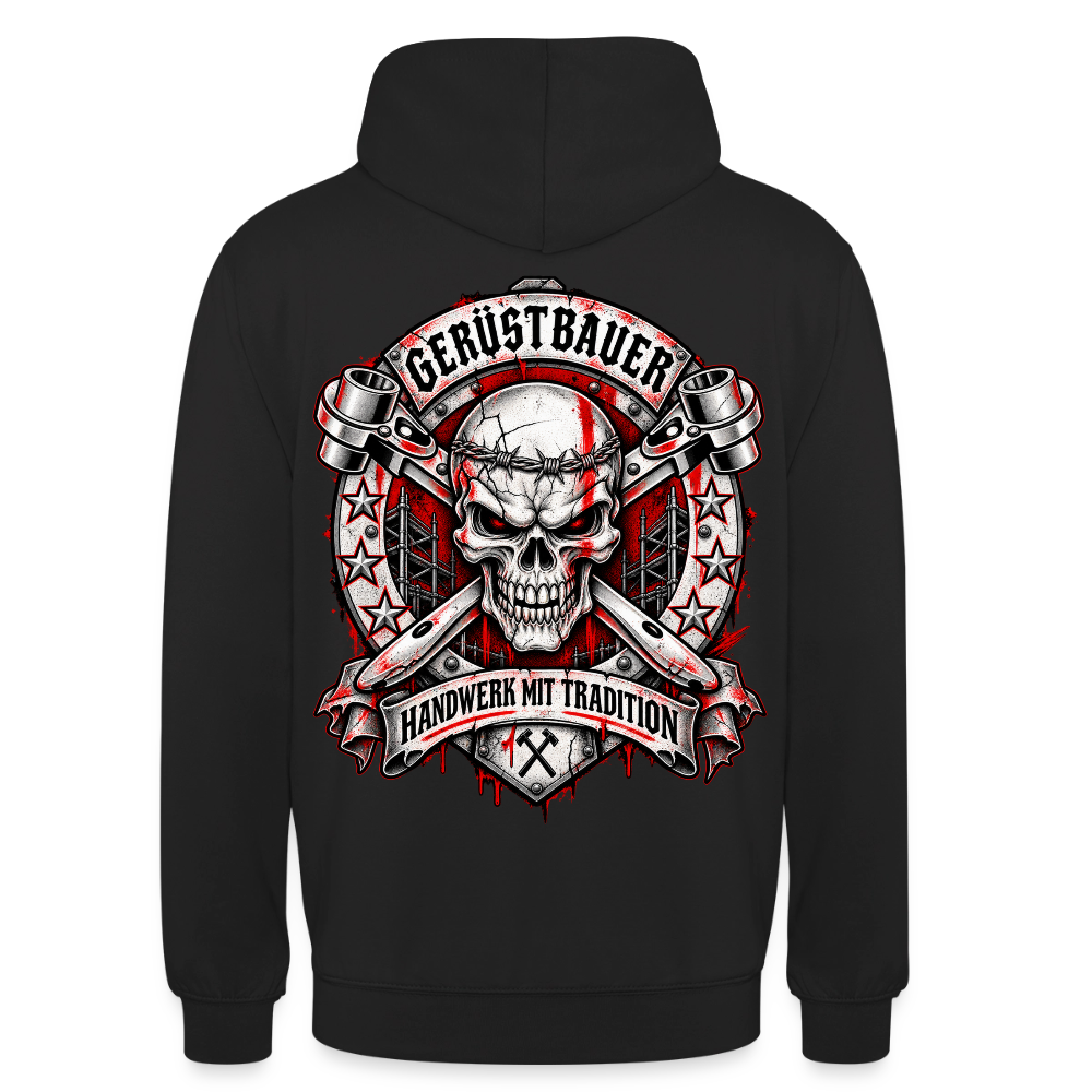 Gerüstbauer Traditions – Gerüstbauer Hoodie in Schwarz, Rückendruck: Totenkopf-Wappen mit gekreuzten Ratschen, Sternen und Banner „Handwerk mit Tradition“
