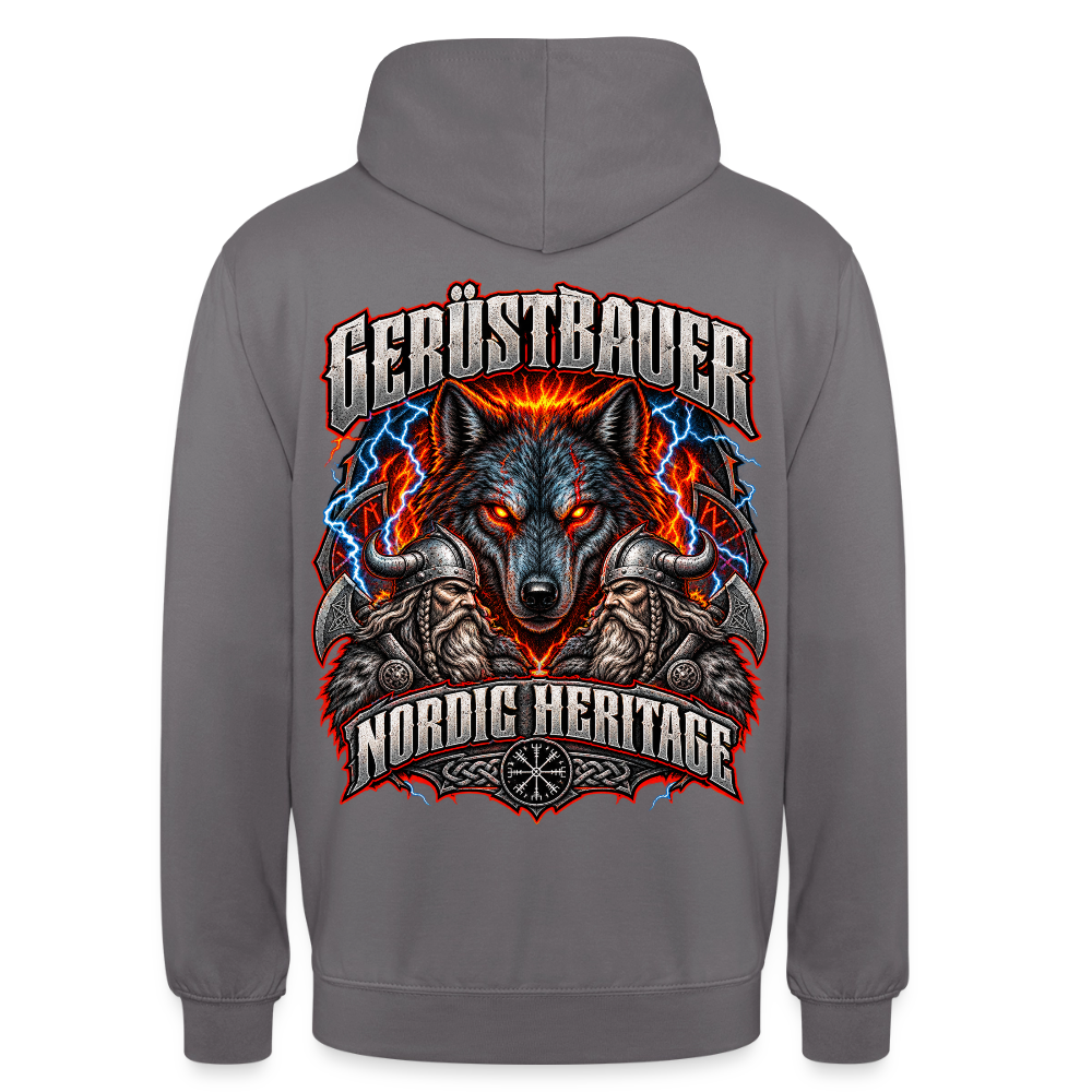 Gerüstbauer Nordic Heritage – Gerüstbauer Hoodie in Mittelgrau, Rückendruck: Wolf mit glühenden Augen, Blitze, zwei Wikinger und Schriftzug „Nordic Heritage“