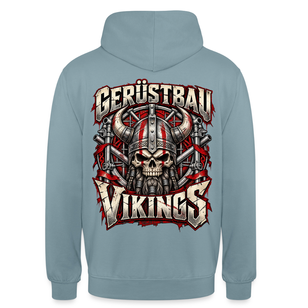 Gerüstbau Vikings – Gerüstbauer Hoodie in Nebelblau, Rückendruck: Wikinger-Totenkopf mit Hörnerhelm vor Gerüst, Schriftzug „Gerüstbau Vikings“