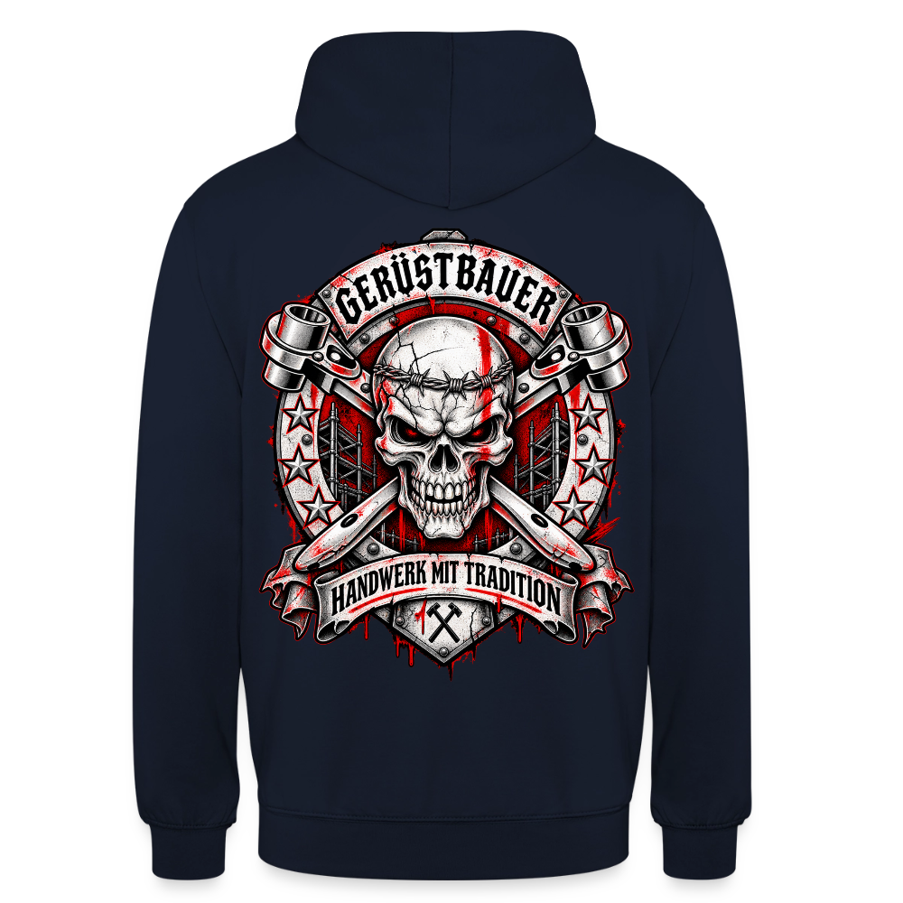 Gerüstbauer Traditions – Gerüstbauer Hoodie in Navy, Rückendruck: Totenkopf-Wappen mit gekreuzten Ratschen, Sternen und Banner „Handwerk mit Tradition“