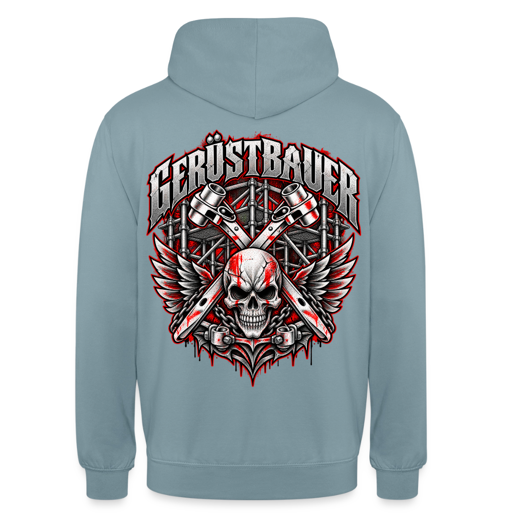 Gerüstbauer Ratsche Schädel – Gerüstbauer Hoodie in Nebelblau, Rückendruck: geflügelter Totenkopf vor gekreuzten Ratschen und Gerüst, Schriftzug „Gerüstbauer“