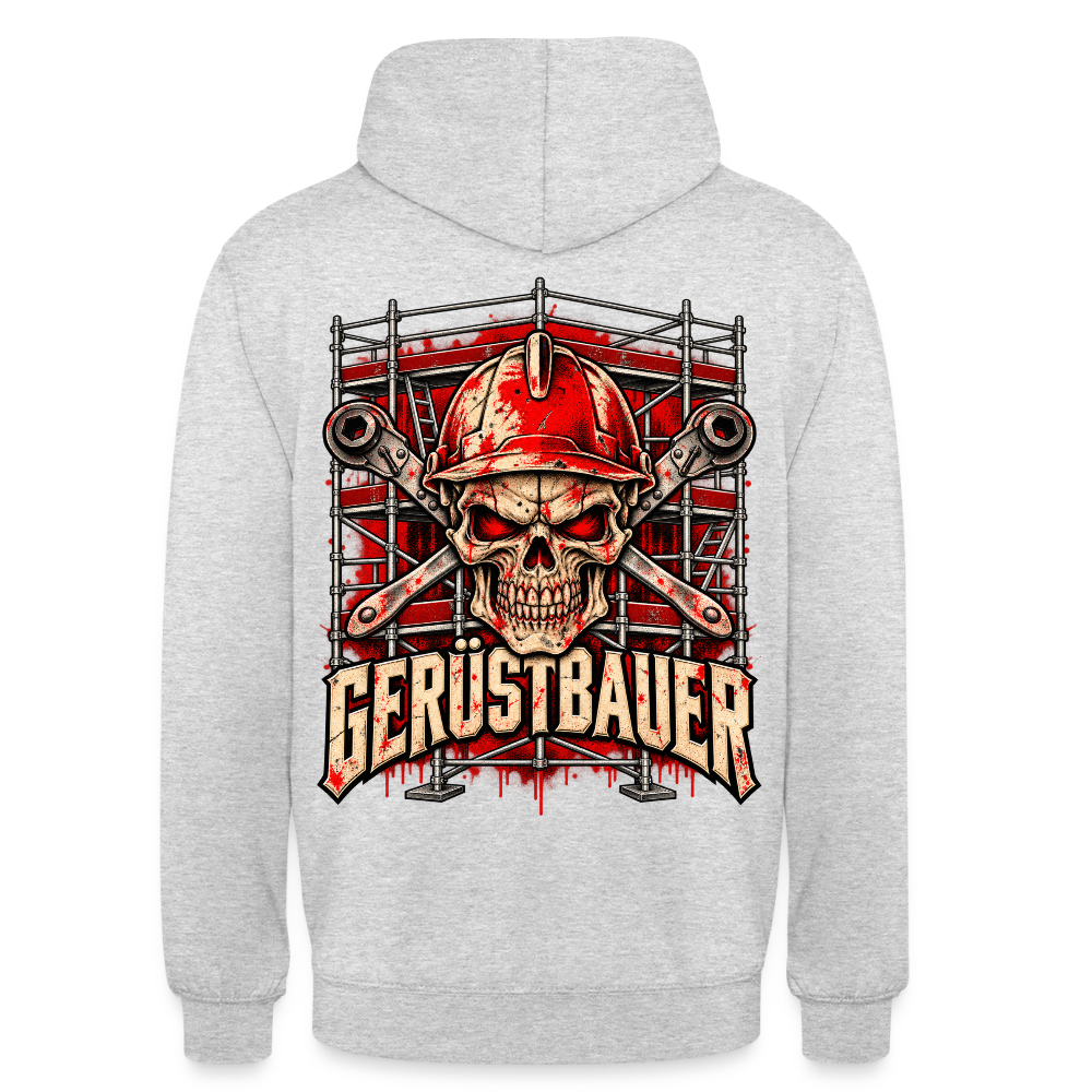 Gerüstbauer – Gerüstbauer Hoodie in Hellgrau meliert, Rückendruck: Totenkopf mit rotem Schutzhelm vor gekreuzten Ringschlüsseln und Gerüst, Schriftzug „Gerüstbauer“