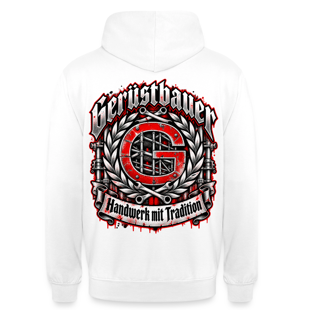 Gerüstbauer Zunft Wappen – Gerüstbauer Hoodie in Weiß, Rückendruck: rotes G-Zunftwappen mit Gerüst im Lorbeerkranz, Frakturschrift „Gerüstbauer“, Banner „Handwerk mit Tradition“