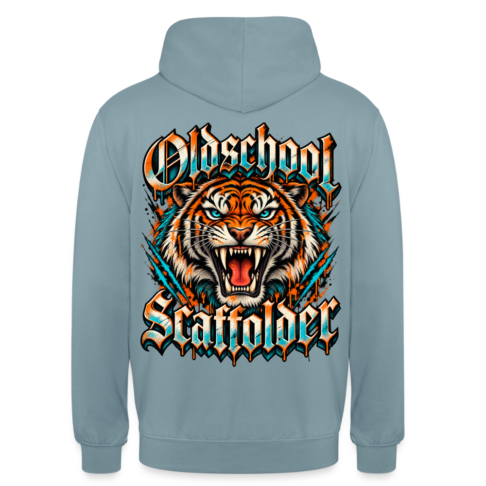 Oldschool Scaffolder – Gerüstbauer Hoodie in Nebelblau, Rückendruck: brüllender Tiger, Frakturschrift „Oldschool Scaffolder“