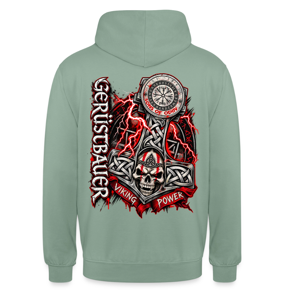 Gerüstbau Viking – Gerüstbauer Hoodie in Graugrün, Rückendruck: Thors Hammer mit Totenkopf, Blitzen und Schriftzug „Viking Power“