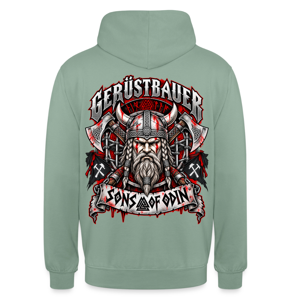 Gerüstbauer Viking – Gerüstbauer Hoodie in Graugrün, Rückendruck: Wikinger-Krieger mit Hörnerhelm und Äxten, Banner „Sons of Odin“