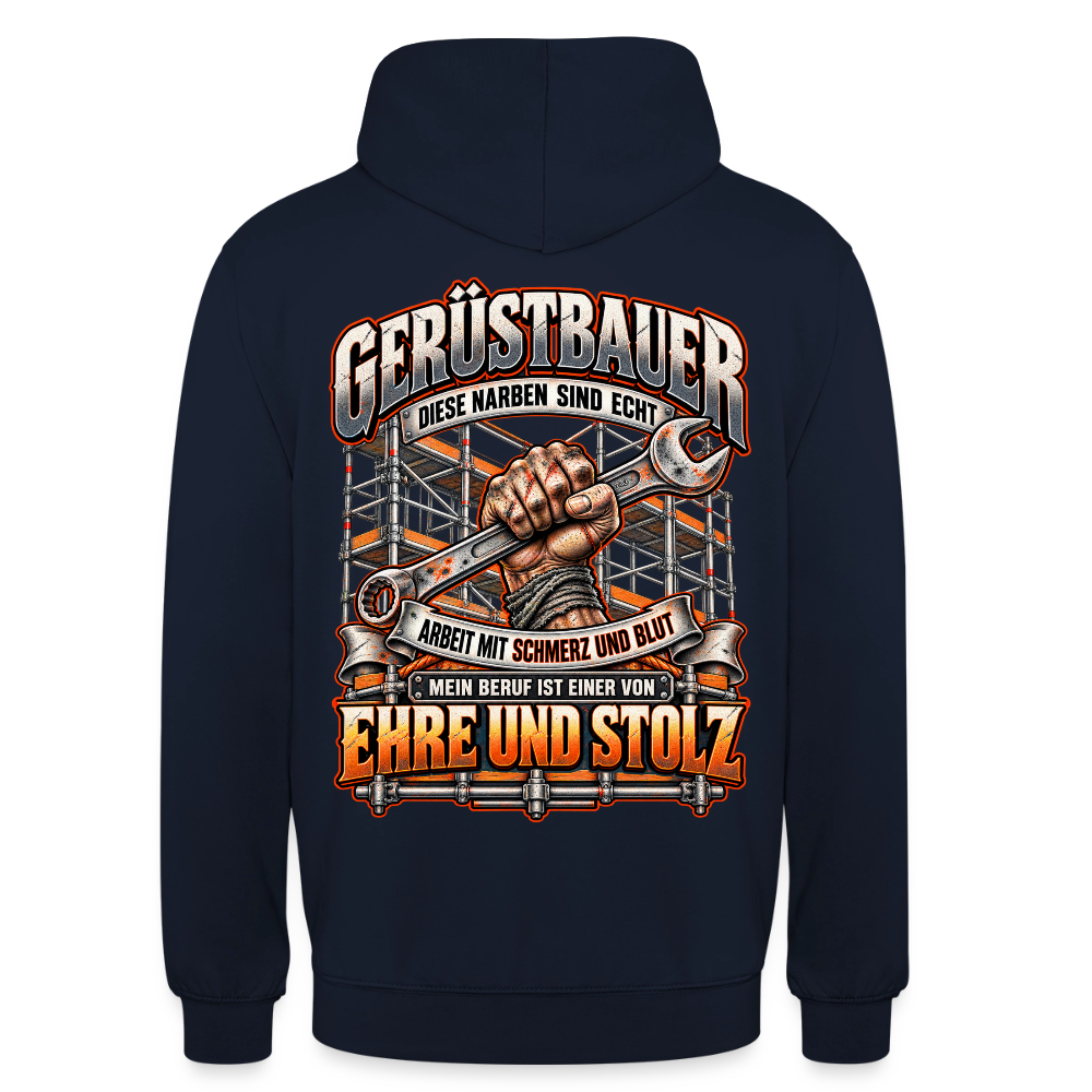 Gerüstbauer – Gerüstbauer Hoodie in Navy, Rückendruck: Faust mit Ringschlüssel vor Gerüst, Spruch „Diese Narben sind echt – Ehre und Stolz“