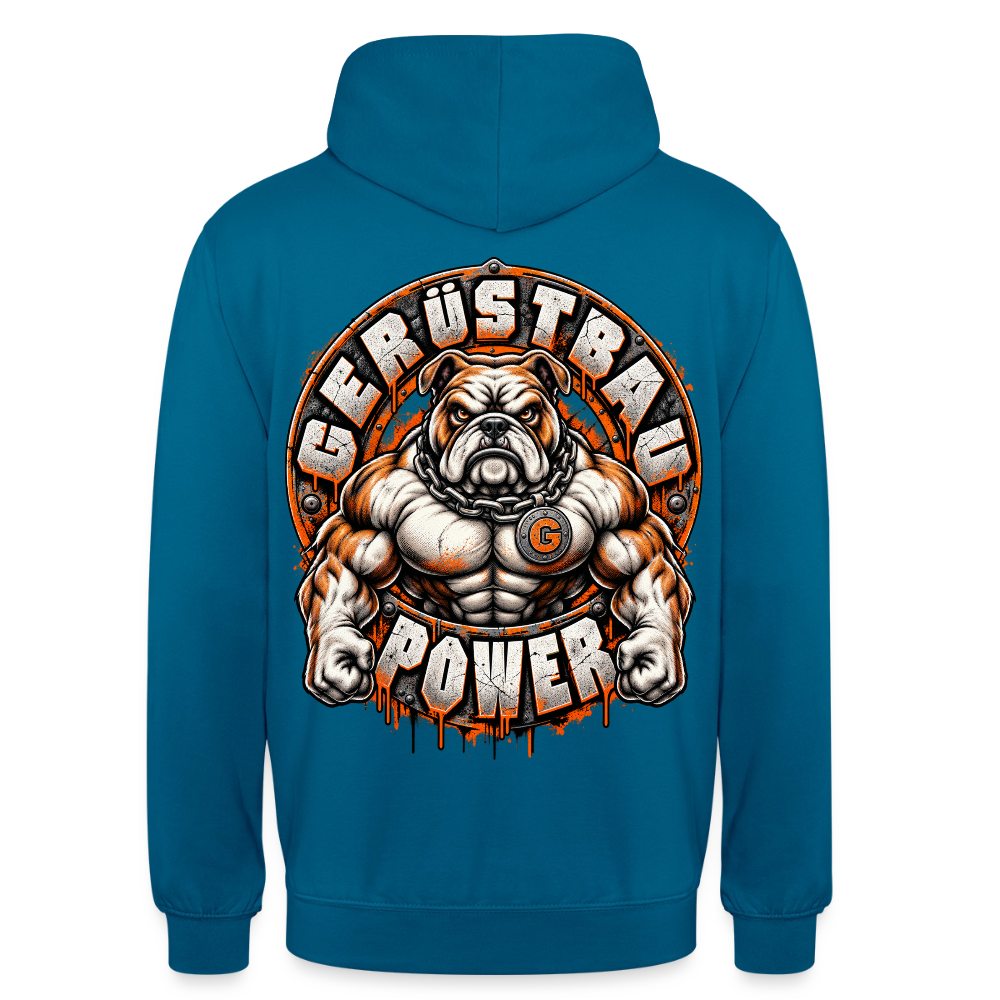 Gerüstbau Power – Gerüstbauer Hoodie in Tiefseeblau, Rückendruck: muskulöse Bulldogge mit Kette und G-Medaillon, Schriftzug „Gerüstbau Power“