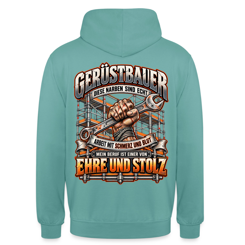 Gerüstbauer – Gerüstbauer Hoodie in Pastelltürkis, Rückendruck: Faust mit Ringschlüssel vor Gerüst, Spruch „Diese Narben sind echt – Ehre und Stolz“
