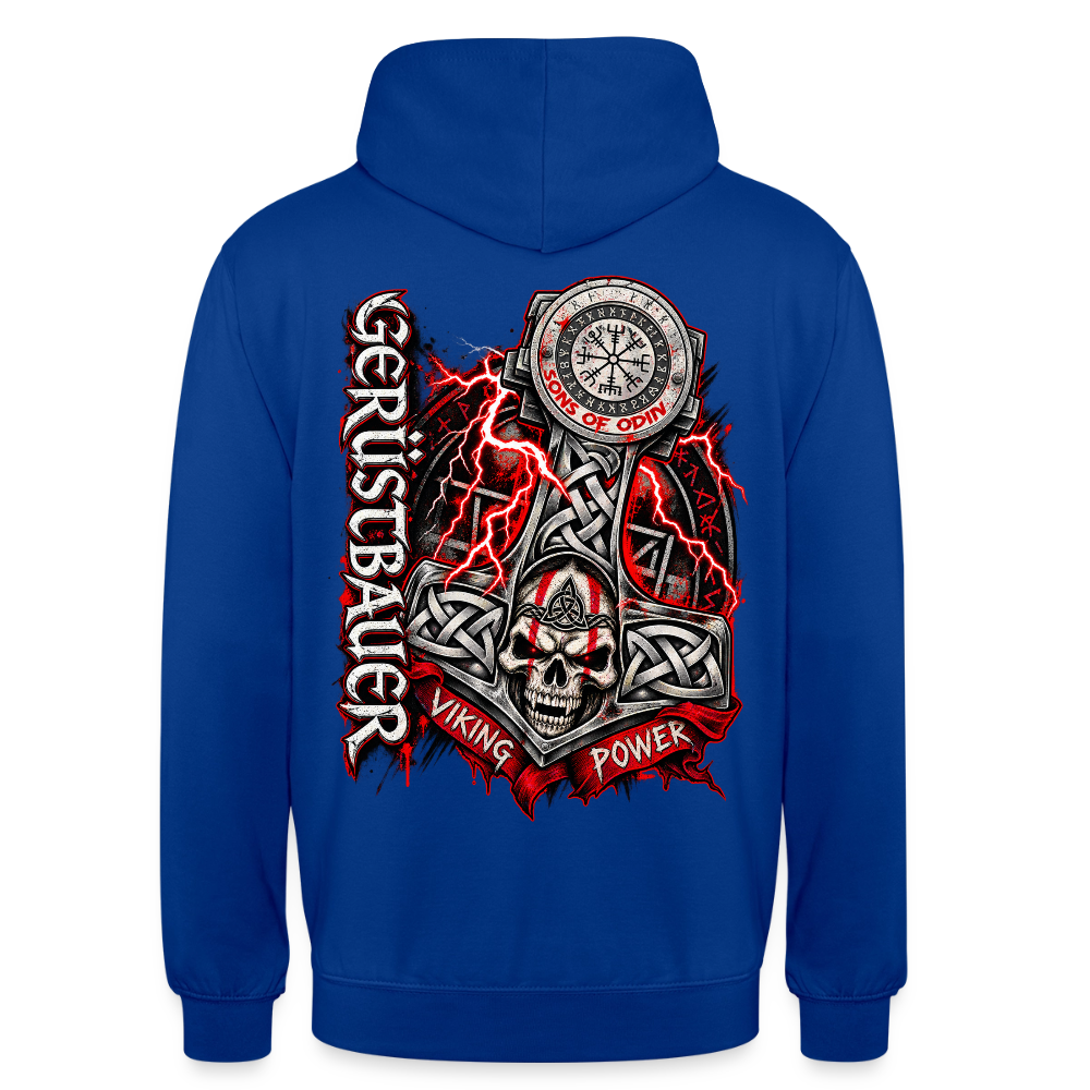 Gerüstbau Viking – Gerüstbauer Hoodie in Royalblau, Rückendruck: Thors Hammer mit Totenkopf, Blitzen und Schriftzug „Viking Power“