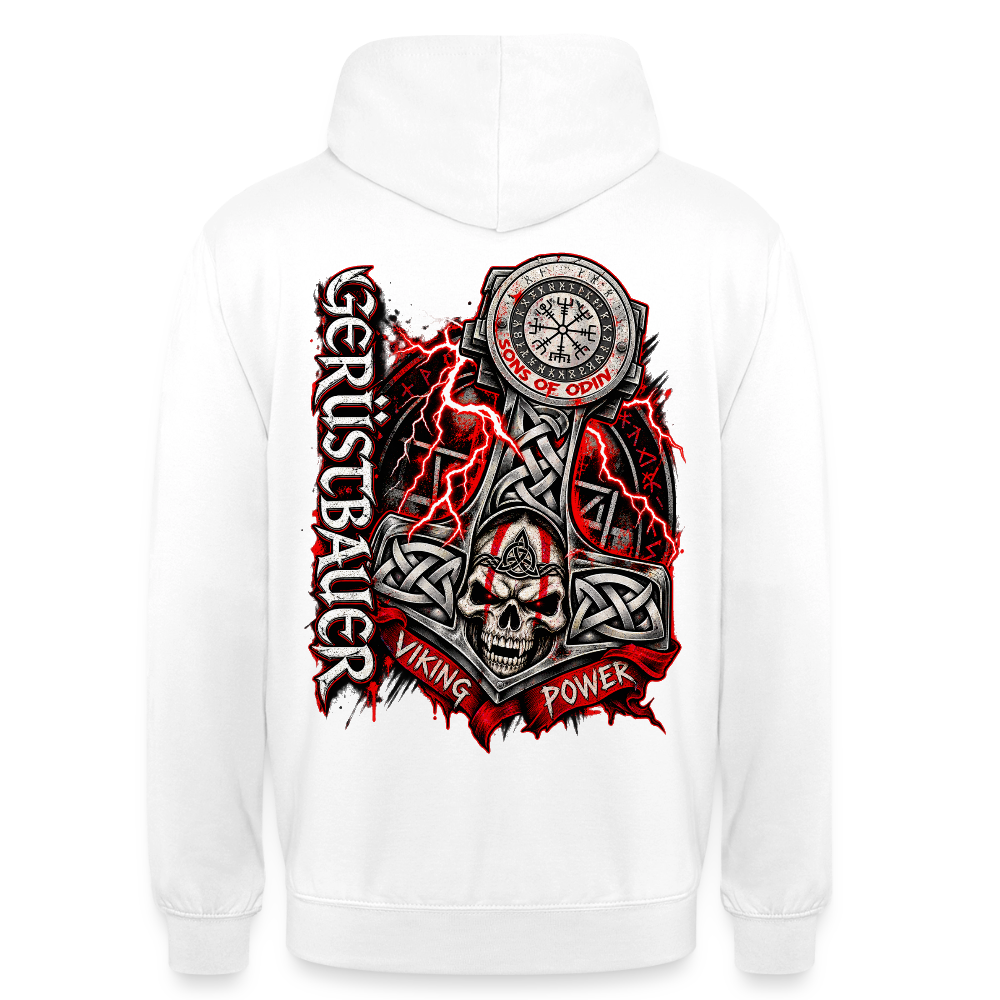 Gerüstbau Viking – Gerüstbauer Hoodie in Weiß, Rückendruck: Thors Hammer mit Totenkopf, Blitzen und Schriftzug „Viking Power“