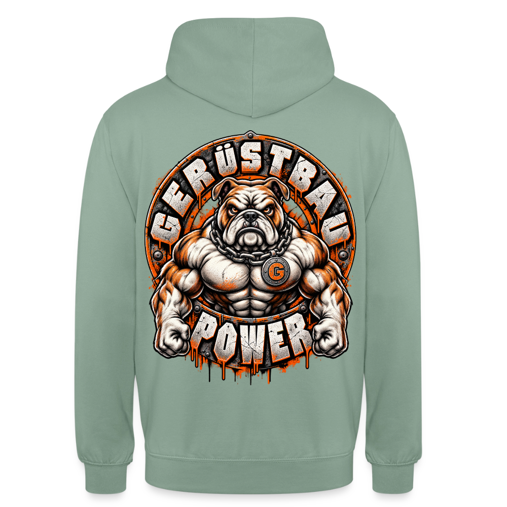 Gerüstbau Power – Gerüstbauer Hoodie in Graugrün, Rückendruck: muskulöse Bulldogge mit Kette und G-Medaillon, Schriftzug „Gerüstbau Power“