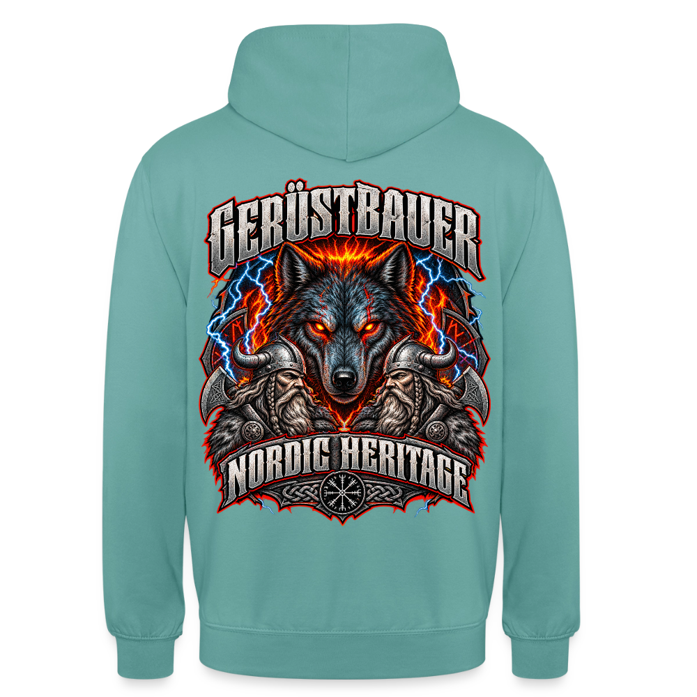 Gerüstbauer Nordic Heritage – Gerüstbauer Hoodie in Pastelltürkis, Rückendruck: Wolf mit glühenden Augen, Blitze, zwei Wikinger und Schriftzug „Nordic Heritage“