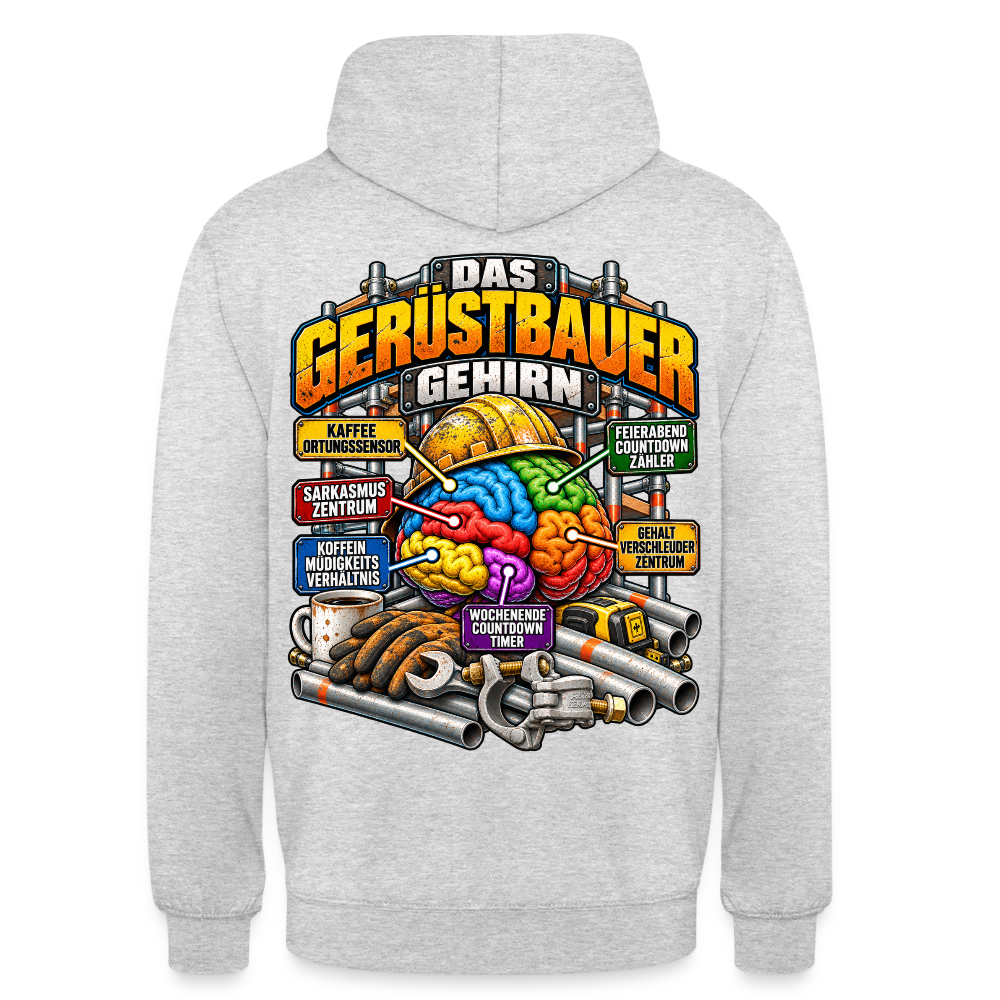 Das Gerüstbauer Gehirn – Gerüstbauer Hoodie in Hellgrau meliert, Rückendruck: buntes Gehirn mit Helm und Beschriftungen wie „Kaffee-Ortungssensor“ und „Sarkasmus-Zentrum“, Schriftzug „Das Gerüstbauer Gehirn“