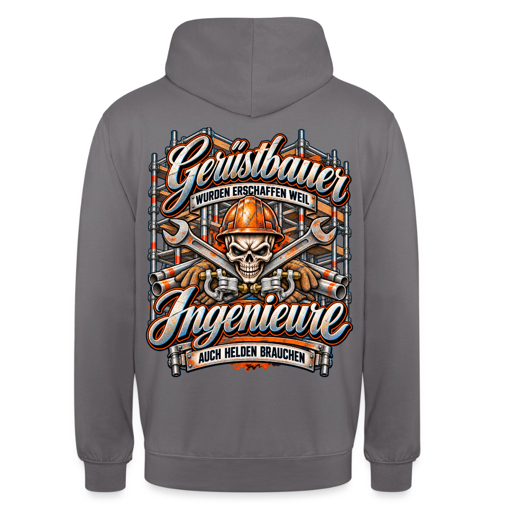 Gerüstbauer und Ingenieure – Gerüstbauer Hoodie in Mittelgrau, Rückendruck: Totenkopf mit Helm vor gekreuzten Schlüsseln, Spruch „Gerüstbauer wurden erschaffen, weil Ingenieure auch Helden brauchen“