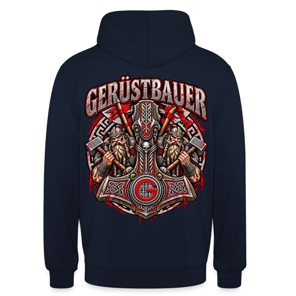 Gerüstbauer Thors Hammer – Gerüstbauer Hoodie in Navy, Rückendruck: Thors Hammer mit G-Zunftzeichen und zwei Wikingern, Schriftzug „Gerüstbauer“