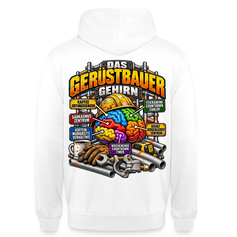 Das Gerüstbauer Gehirn – Gerüstbauer Hoodie in Weiß, Rückendruck: buntes Gehirn mit Helm und Beschriftungen wie „Kaffee-Ortungssensor“ und „Sarkasmus-Zentrum“, Schriftzug „Das Gerüstbauer Gehirn“