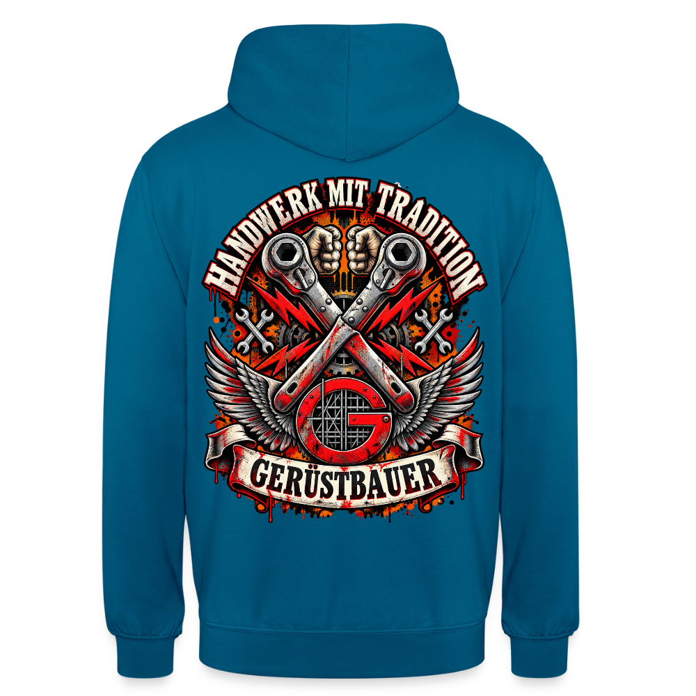 Gerüstbauer Handwerk mit Tradition – Gerüstbauer Hoodie in Tiefseeblau, Rückendruck: gekreuzte Ratschen mit Flügeln über rotem G-Zunftzeichen, Schriftzug „Handwerk mit Tradition“ und Banner „Gerüstbauer“
