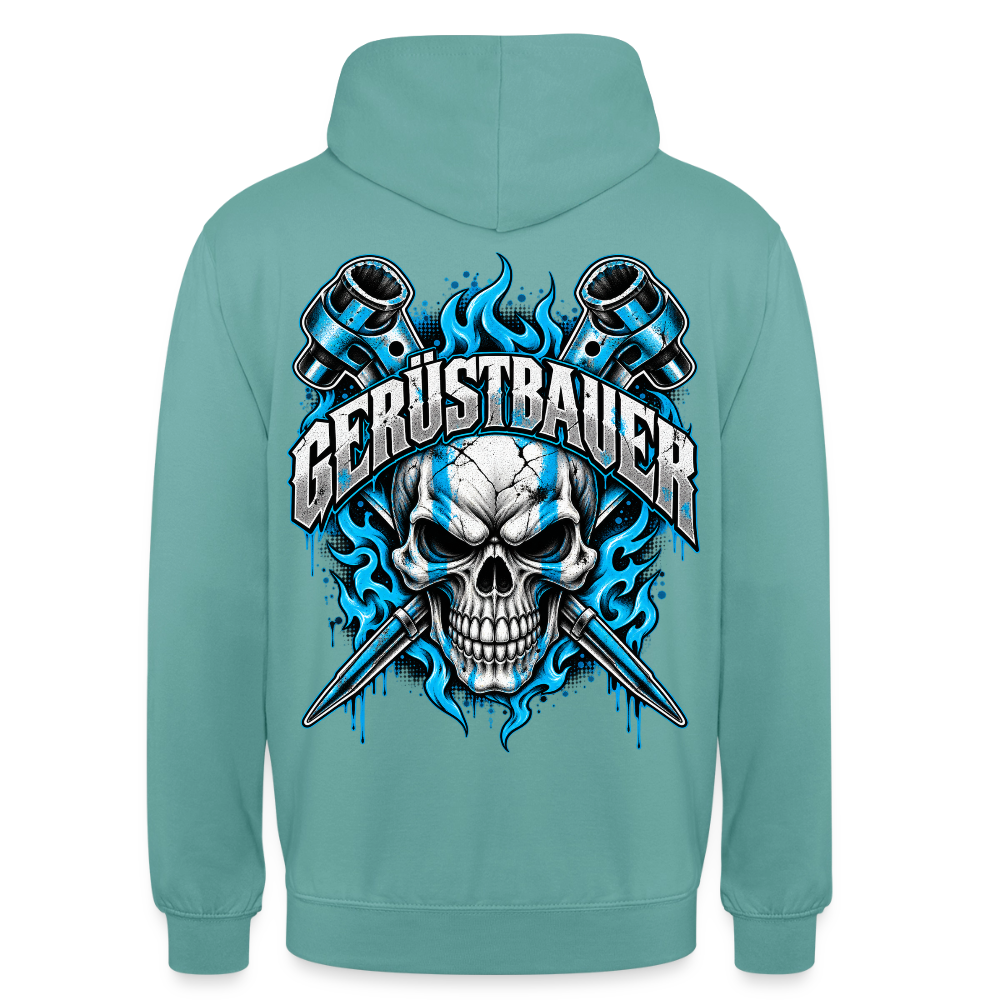 Gerüstbauer Ratsche Flamme – Gerüstbauer Hoodie in Pastelltürkis, Rückendruck: Totenkopf mit gekreuzten Ratschen in blauen Flammen, Schriftzug „Gerüstbauer“