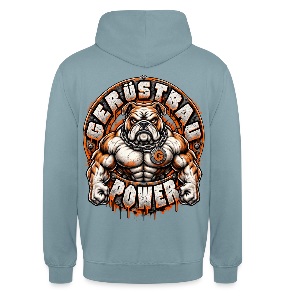 Gerüstbau Power – Gerüstbauer Hoodie in Nebelblau, Rückendruck: muskulöse Bulldogge mit Kette und G-Medaillon, Schriftzug „Gerüstbau Power“