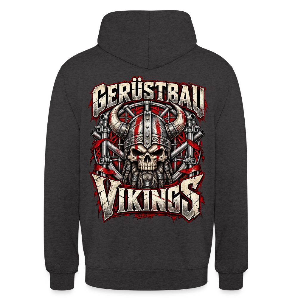 Gerüstbau Vikings – Gerüstbauer Hoodie in Anthrazit, Rückendruck: Wikinger-Totenkopf mit Hörnerhelm vor Gerüst, Schriftzug „Gerüstbau Vikings“