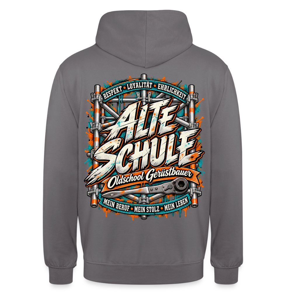Gerüstbauer Alte Schule – Gerüstbauer Hoodie in Mittelgrau, Rückendruck: „Alte Schule – Oldschool Gerüstbauer“ mit Ratsche, „Respekt · Loyalität · Ehrlichkeit“