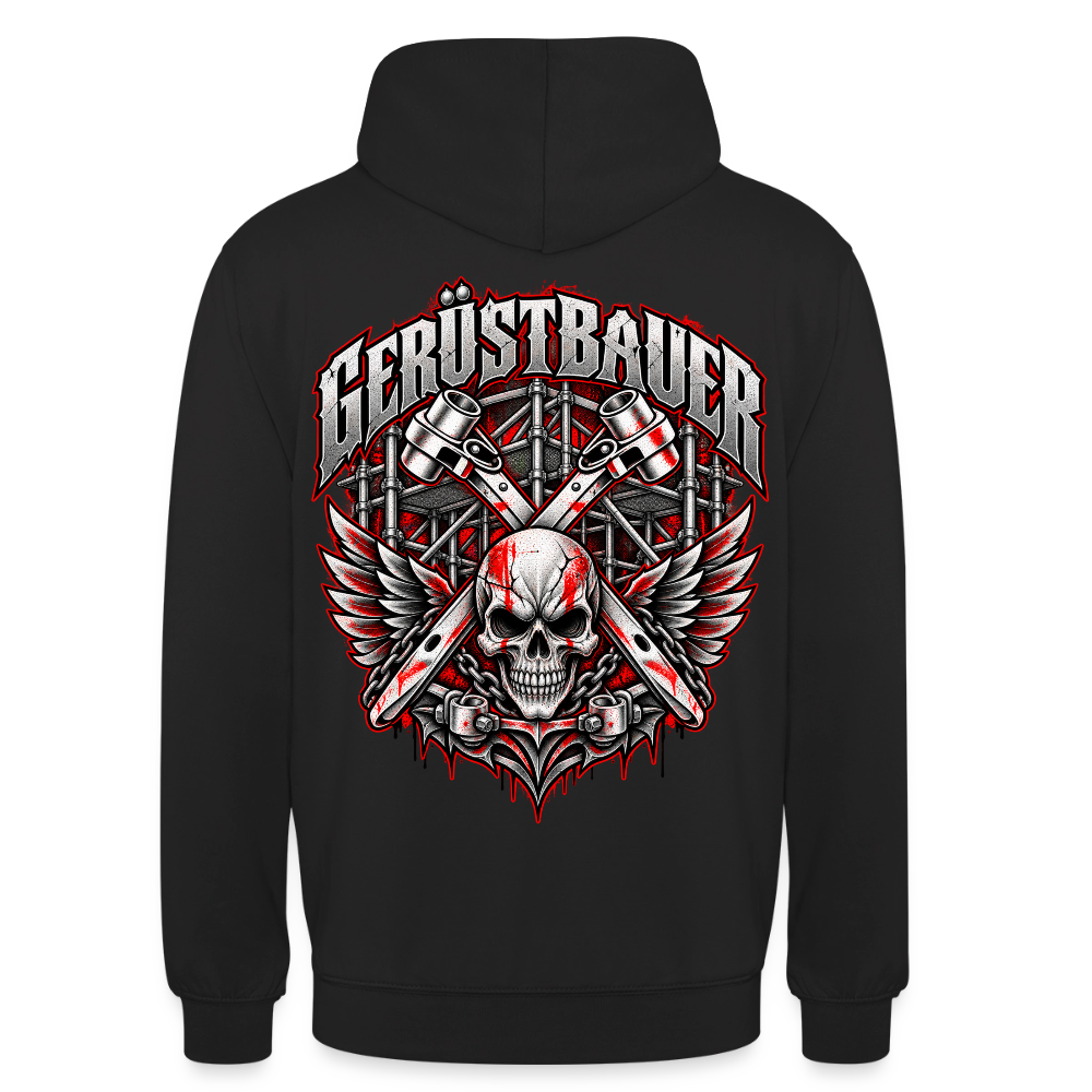Gerüstbauer Ratsche Schädel – Gerüstbauer Hoodie in Schwarz, Rückendruck: geflügelter Totenkopf vor gekreuzten Ratschen und Gerüst, Schriftzug „Gerüstbauer“