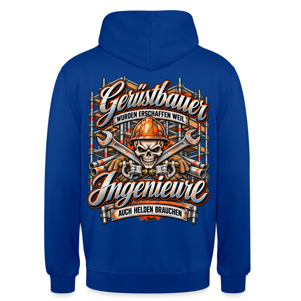 Gerüstbauer und Ingenieure – Gerüstbauer Hoodie in Royalblau, Rückendruck: Totenkopf mit Helm vor gekreuzten Schlüsseln, Spruch „Gerüstbauer wurden erschaffen, weil Ingenieure auch Helden brauchen“