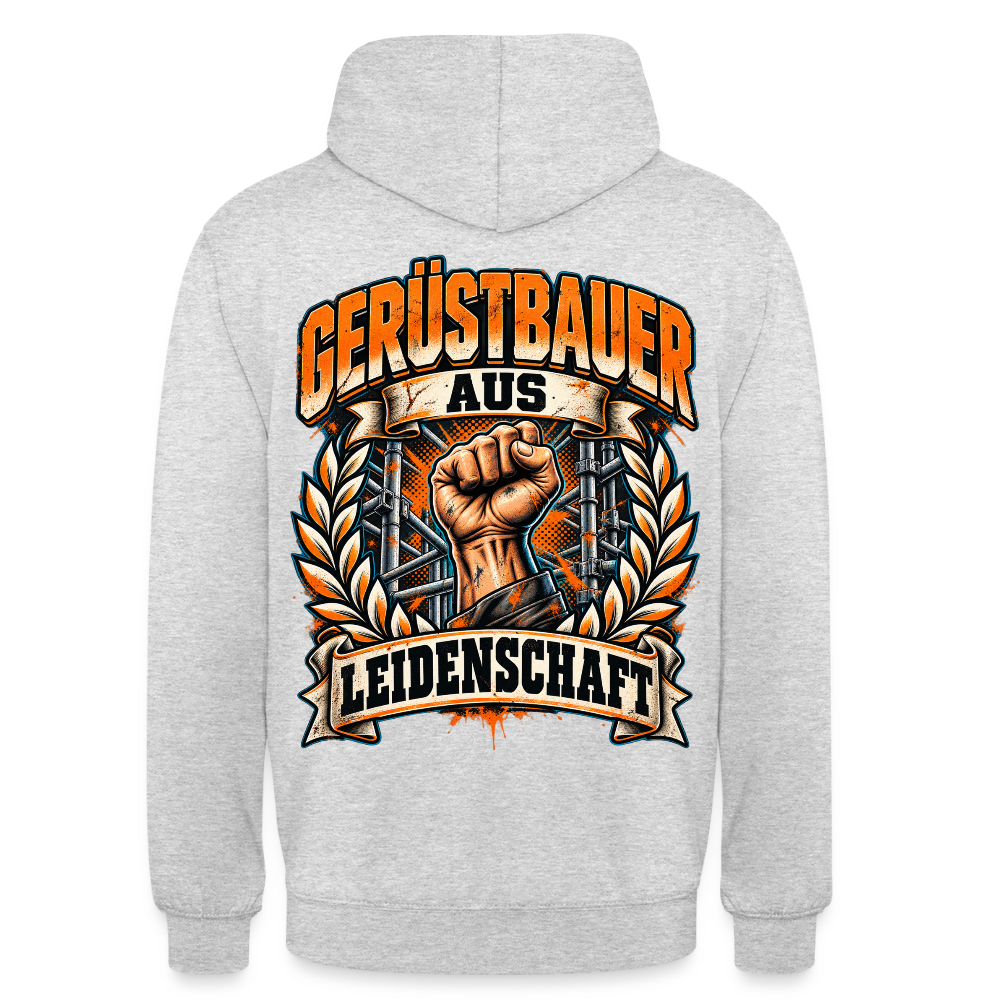 Gerüstbauer aus Leidenschaft – Gerüstbauer Hoodie in Hellgrau meliert, Rückendruck: geballte Faust im Lorbeerkranz vor Gerüst, Schriftzug „Gerüstbauer aus Leidenschaft“