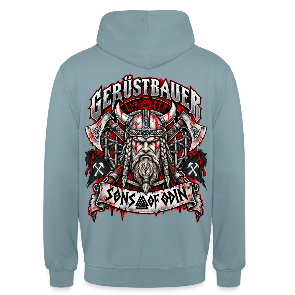 Gerüstbauer Viking – Gerüstbauer Hoodie in Nebelblau, Rückendruck: Wikinger-Krieger mit Hörnerhelm und Äxten, Banner „Sons of Odin“