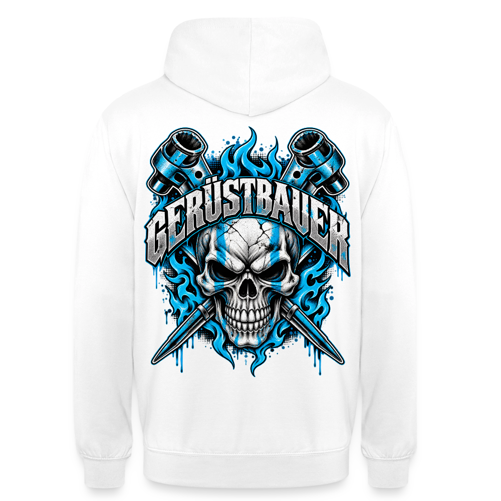 Gerüstbauer Ratsche Flamme – Gerüstbauer Hoodie in Weiß, Rückendruck: Totenkopf mit gekreuzten Ratschen in blauen Flammen, Schriftzug „Gerüstbauer“