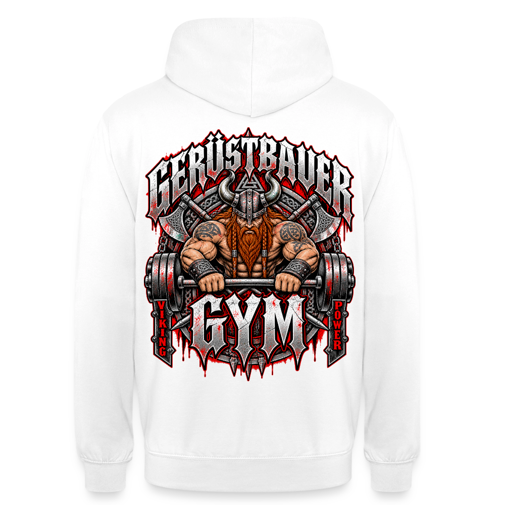 Gerüstbauer GYM – Gerüstbauer Hoodie in Weiß, Rückendruck: muskulöser Wikinger beim Hantelheben, Schriftzug „Gerüstbauer GYM – Viking Power“