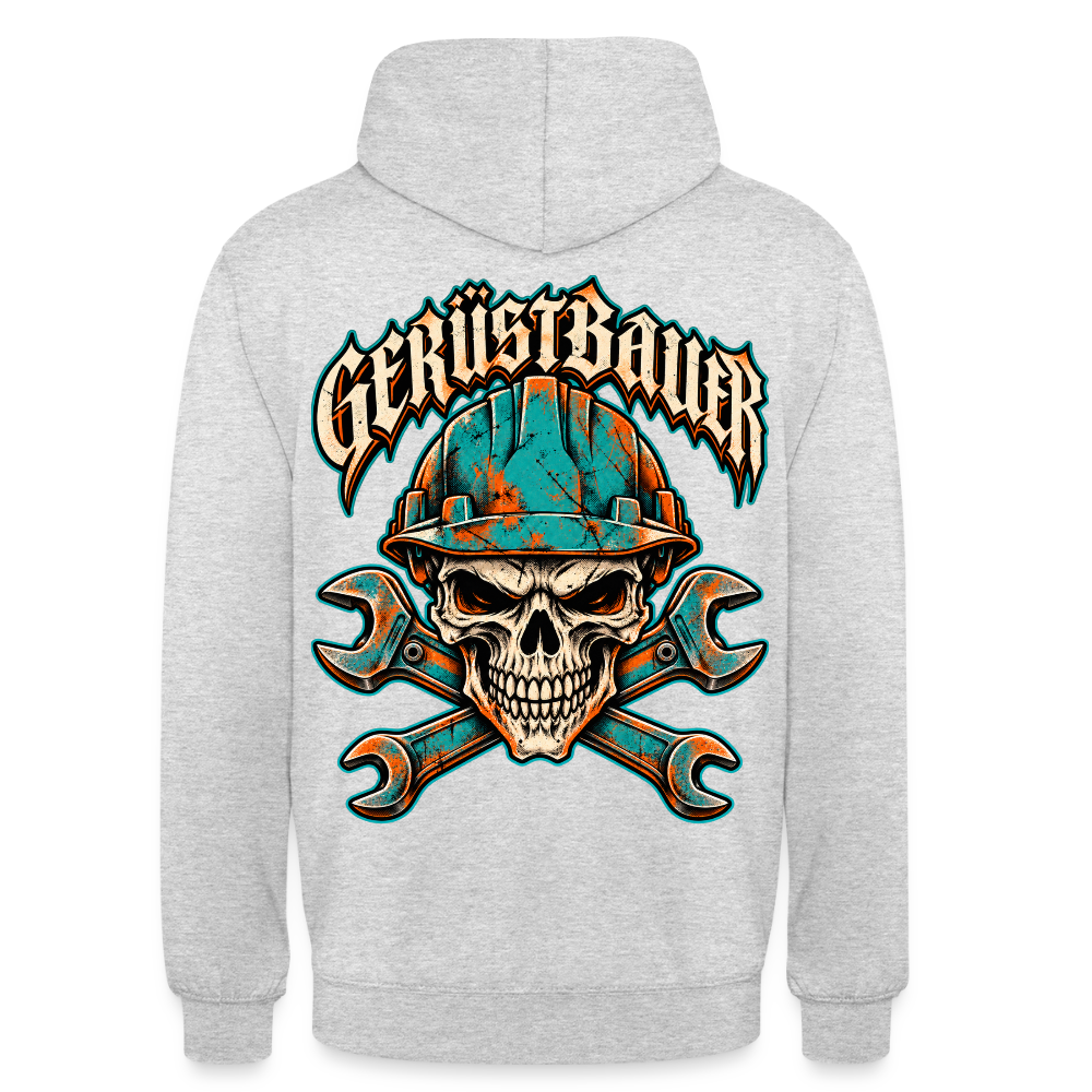 Gerüstbauer Skull – Gerüstbauer Hoodie in Hellgrau meliert, Rückendruck: Totenkopf mit türkisem Schutzhelm über gekreuzten Maulschlüsseln, Frakturschrift „Gerüstbauer“