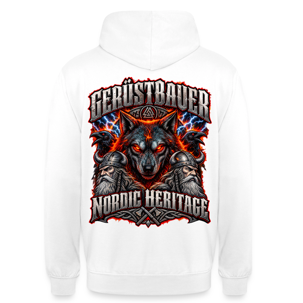 Gerüstbauer Nordic Heritage – Gerüstbauer Hoodie in Weiß, Rückendruck: Wolf vor Flammen und Blitzen, zwei Raben, Wikinger und Schriftzug „Nordic Heritage“