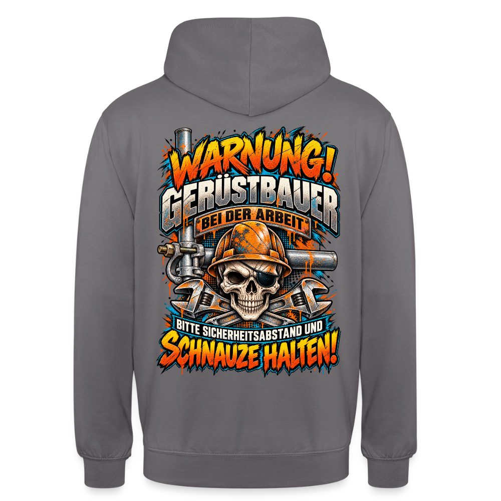 Warnung! Gerüstbauer bei der Arbeit – Gerüstbauer Hoodie in Mittelgrau, Rückendruck: Totenkopf mit Augenklappe und Helm, Spruch „Warnung! Gerüstbauer bei der Arbeit – bitte Sicherheitsabstand und Schnauze halten!“
