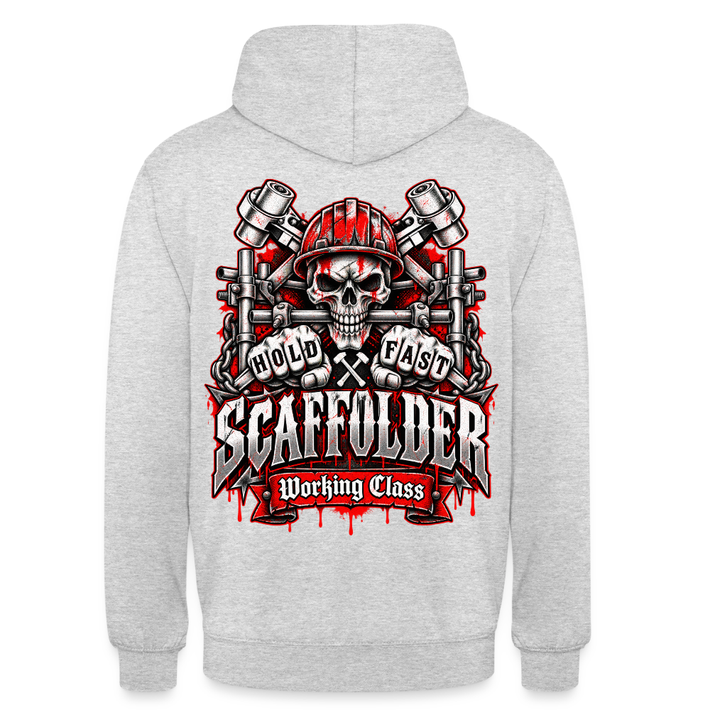 Scaffolder Hold Fast – Gerüstbauer Hoodie in Hellgrau meliert, Rückendruck: Totenkopf mit rotem Helm und Gerüstrohr zwischen den Zähnen, Fäuste „Hold Fast“, Banner „Scaffolder – Working Class“