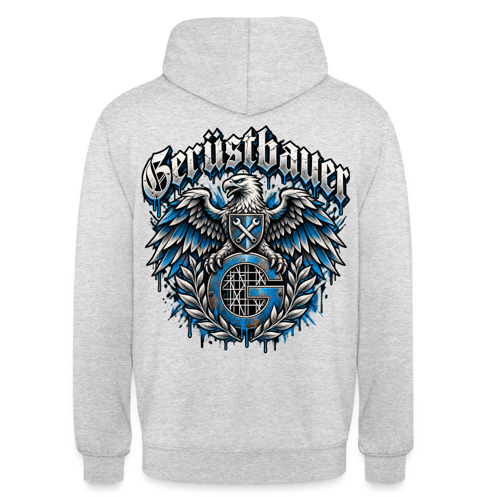 Gerüstbauer Adler Zunftwappen – Gerüstbauer Hoodie in Hellgrau meliert, Rückendruck: Adler mit Wappenschild über blauem G-Zunftzeichen und Lorbeerkranz, Frakturschrift „Gerüstbauer“