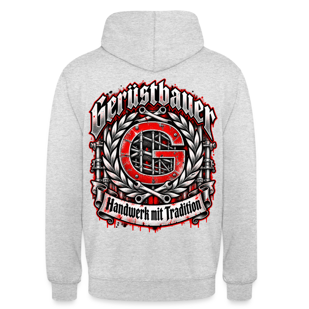 Gerüstbauer Zunft Wappen – Gerüstbauer Hoodie in Hellgrau meliert, Rückendruck: rotes G-Zunftwappen mit Gerüst im Lorbeerkranz, Frakturschrift „Gerüstbauer“, Banner „Handwerk mit Tradition“