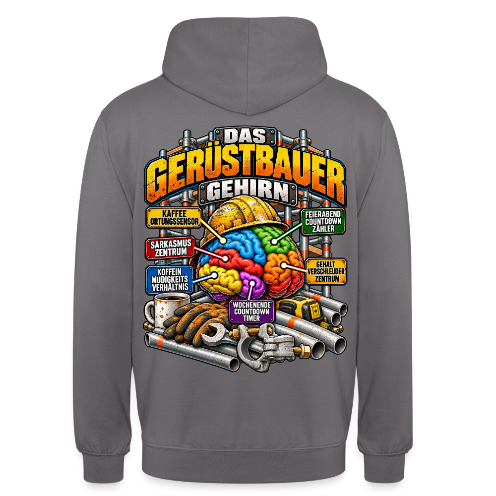Das Gerüstbauer Gehirn – Gerüstbauer Hoodie in Mittelgrau, Rückendruck: buntes Gehirn mit Helm und Beschriftungen wie „Kaffee-Ortungssensor“ und „Sarkasmus-Zentrum“, Schriftzug „Das Gerüstbauer Gehirn“