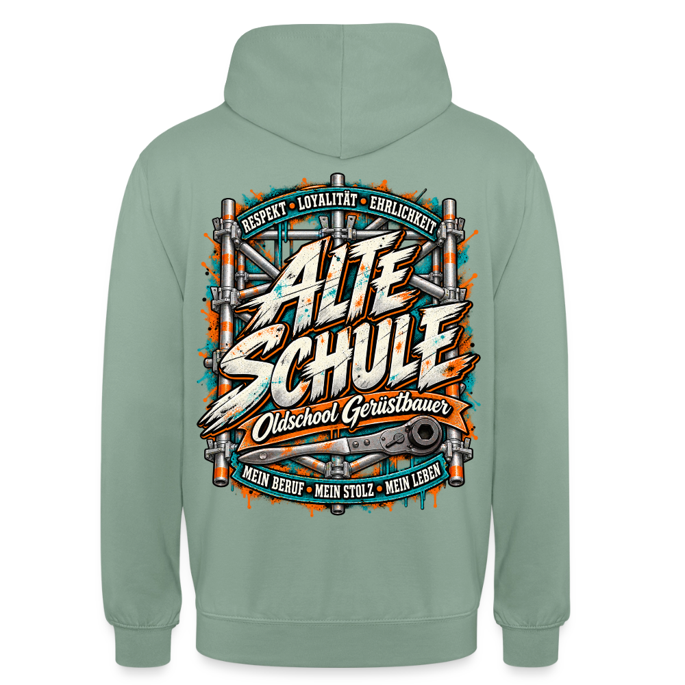 Gerüstbauer Alte Schule – Gerüstbauer Hoodie in Graugrün, Rückendruck: „Alte Schule – Oldschool Gerüstbauer“ mit Ratsche, „Respekt · Loyalität · Ehrlichkeit“