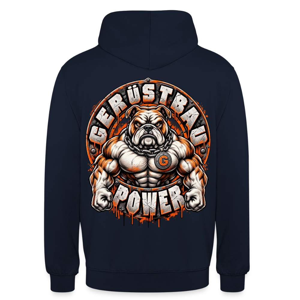 Gerüstbau Power – Gerüstbauer Hoodie in Navy, Rückendruck: muskulöse Bulldogge mit Kette und G-Medaillon, Schriftzug „Gerüstbau Power“
