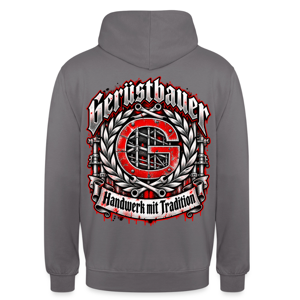 Gerüstbauer Zunft Wappen – Gerüstbauer Hoodie in Mittelgrau, Rückendruck: rotes G-Zunftwappen mit Gerüst im Lorbeerkranz, Frakturschrift „Gerüstbauer“, Banner „Handwerk mit Tradition“