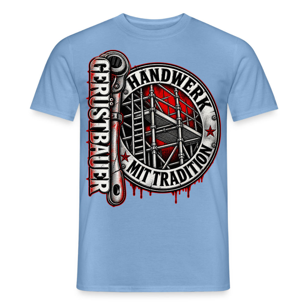 Gerüstbau Handwerk – Gerüstbauer T-Shirt für Männer in Carolina Blue: rundes Siegel mit Ratsche, Schriftzug „Gerüstbauer – Handwerk mit Tradition“
