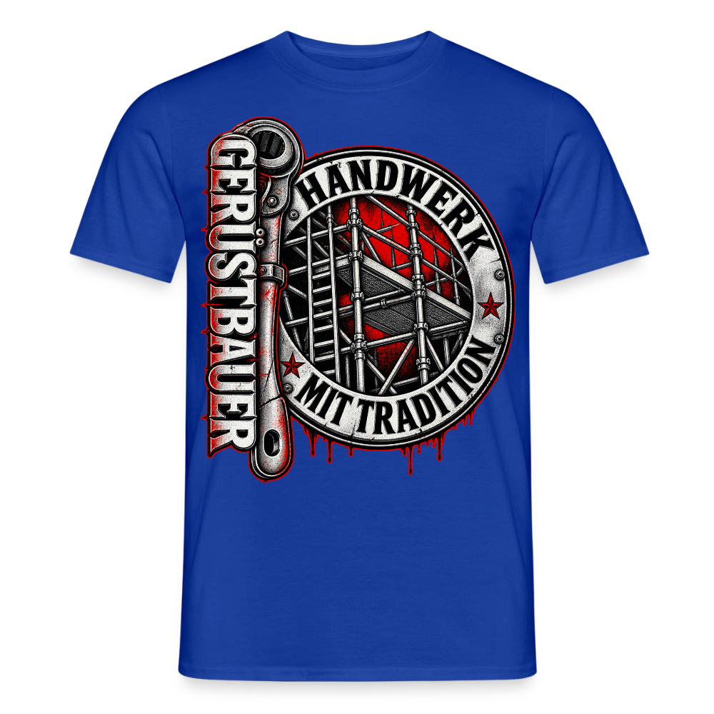 Gerüstbau Handwerk – Gerüstbauer T-Shirt für Männer in Dunkelblau: rundes Siegel mit Ratsche, Schriftzug „Gerüstbauer – Handwerk mit Tradition“