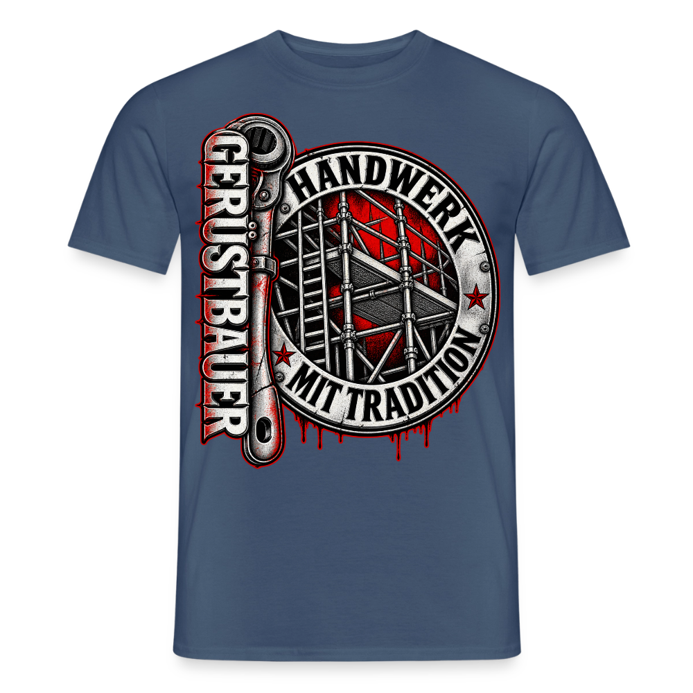Gerüstbau Handwerk – Gerüstbauer T-Shirt für Männer in Dunkles Denimblau: rundes Siegel mit Ratsche, Schriftzug „Gerüstbauer – Handwerk mit Tradition“
